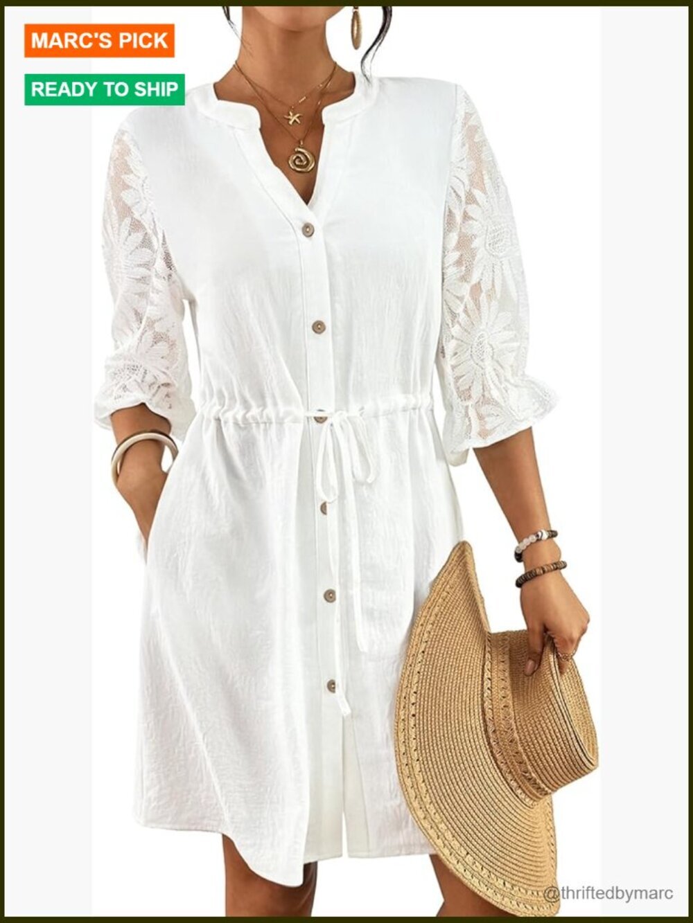 Button Down Swimsuit Coverup with Pockets Drawstring Beach Shirt Dress